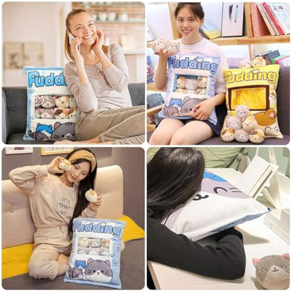 HXPLN Cute Snack Pillow Cat Plush Pillow, Pudding Cat Pillow with Kitty Dolls, Removable Stuffed Animal Toys Creative Gift for Teenagers, Girls, Children (8 Blue Kittens)