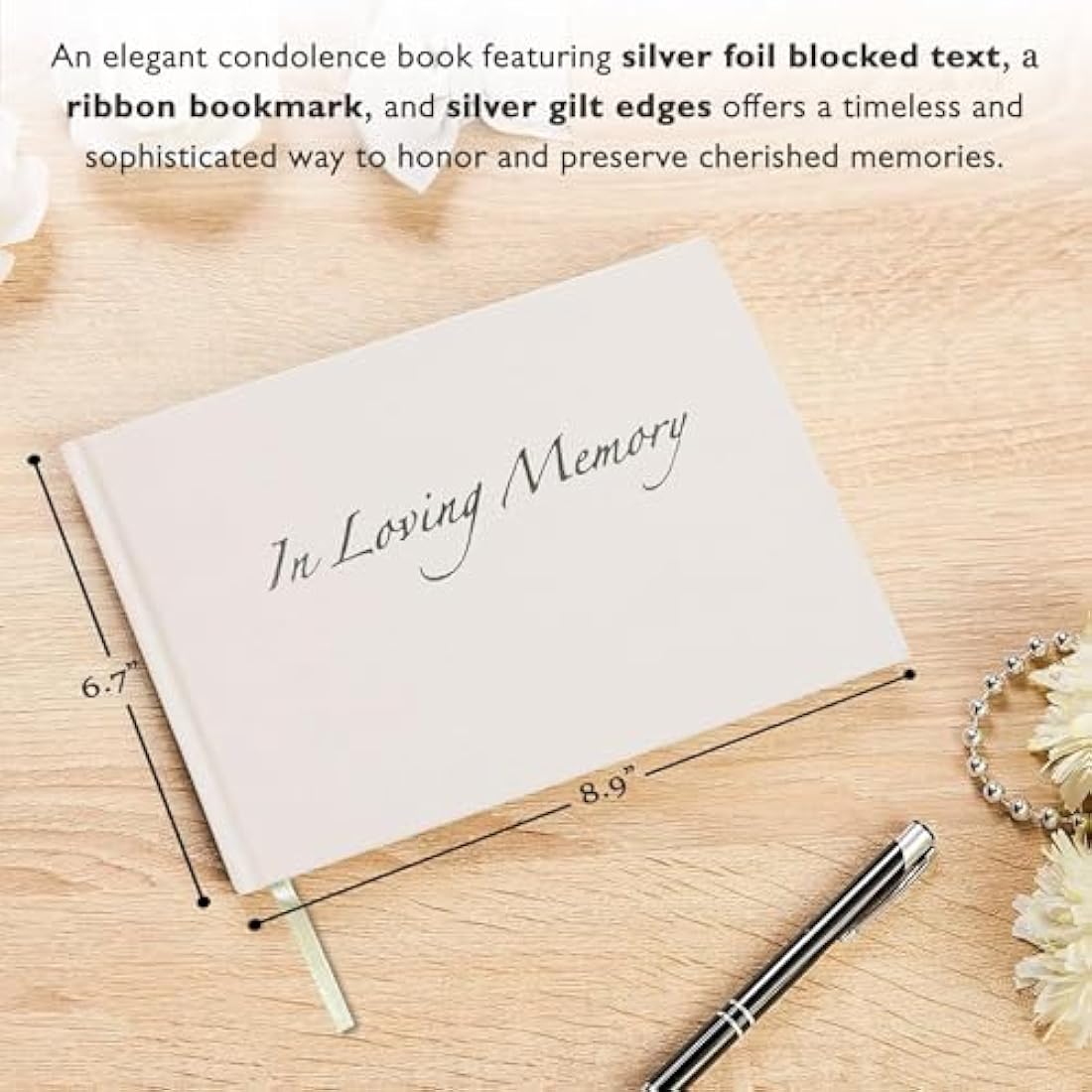 in Loving Memory Condolence Book - 96 Pages with Silver Gilt Pages & Storage Box - Hardcover Memorial Guest Book with 1152 Message Lines & Keepsake Pocket - for Funeral Services (White, 218x160mm)