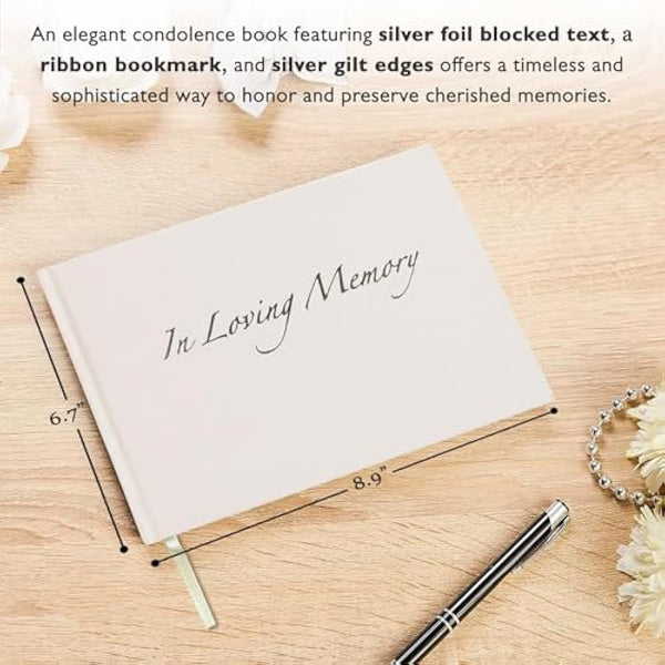 in Loving Memory Condolence Book - 96 Pages with Silver Gilt Pages & Storage Box - Hardcover Memorial Guest Book with 1152 Message Lines & Keepsake Pocket - for Funeral Services (White, 218x160mm)