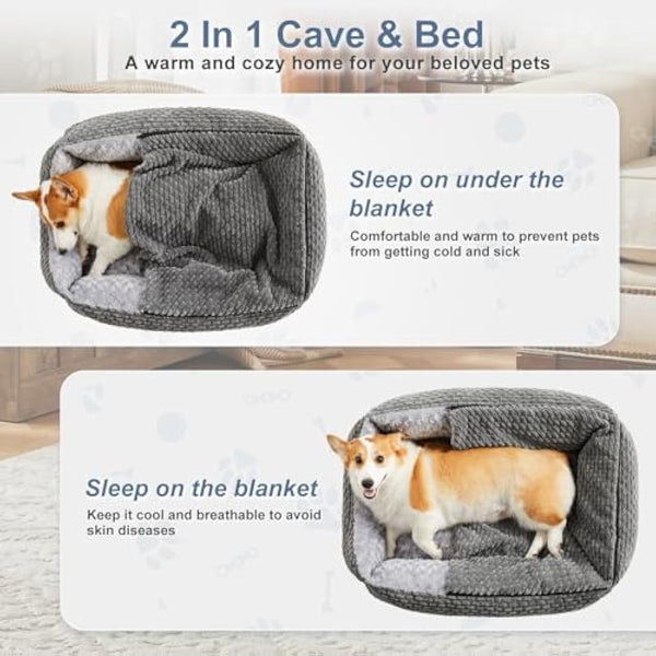 Heymamba Extra Large Dog Bed Rectangle Large Pet Beds Grey, Hooded Pet Cave Bed with Designed for Wheat Grain, Soft Rose Fluff XL Dog Cave With Nonskid Bottom for Labrador, 90x65x23cm