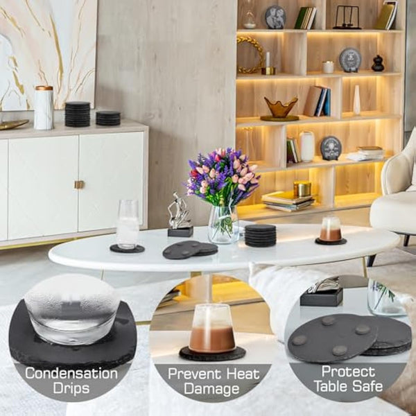 48 PCS Round Slate Coasters for Drinks, WEWINK PLUS 4 Inch Blank Black Stone Coasters Bulk with Anti-Scratch Backing for Laser Engraving, Home Decor, Bar,Wedding, Housewarming Gifts