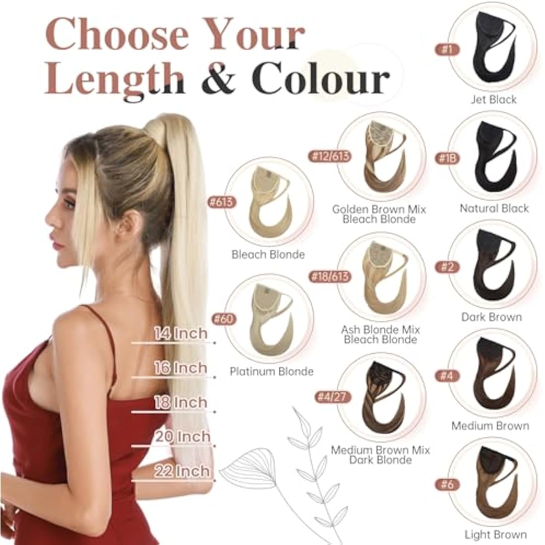 Elailite Human Hair Ponytail Extension Straight - Wrap Around Clip in Real Hair Ponytail 100% Remy Hair (#2 Dark Brown, 14 Inch)