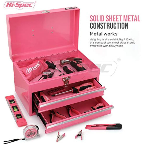 Hi-Spec Pink Steel Metal Chest & Drawers Tool Box Carry Case: Ladies Styled High-Gloss Finish Portable Storage for Everyday Use