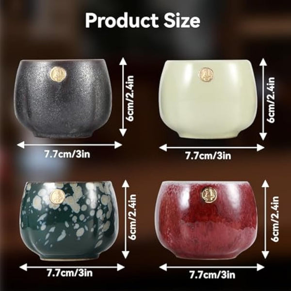 4 Pcs Ceramic Chinese Kung Fu Tea Cup Set - Japanese Retro Mugs for Sake and Tea Drinking With Box (01)