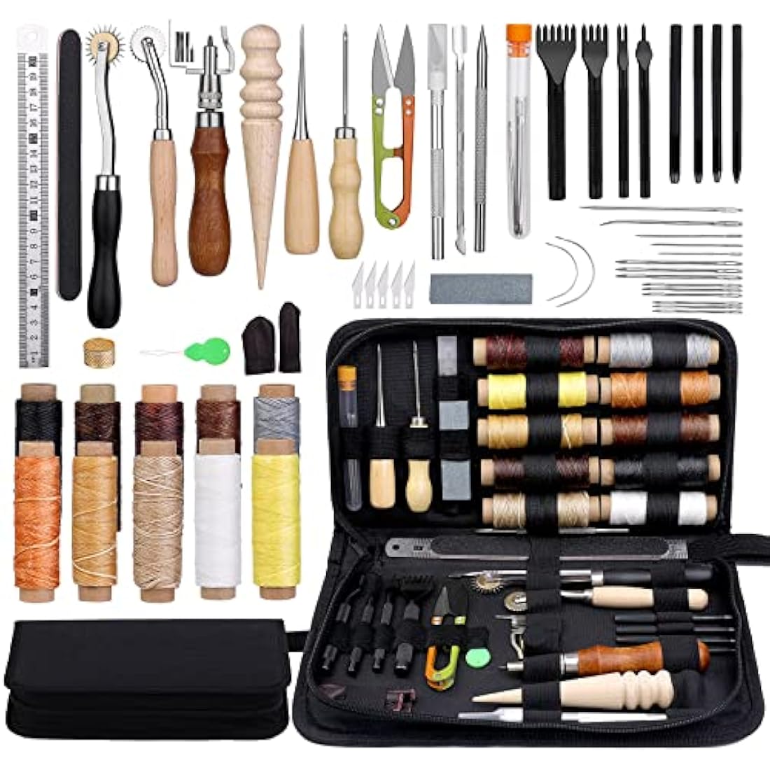 Leather Working Tools Leather Craft Tools and Supplies Leather Craft Kit with Waxed Thread Stitching Groover Awl for Cutting Punching, Leather Sewing Craft Making and Craft DIY