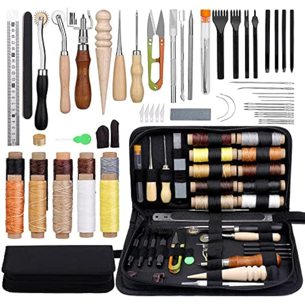 Leather Working Tools Leather Craft Tools and Supplies Leather Craft Kit with Waxed Thread Stitching Groover Awl for Cutting Punching, Leather Sewing Craft Making and Craft DIY