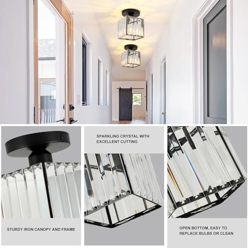 FORCOSO Ceiling Light 2-Pack, Black Light Shade Crystal Light Fitting, Semi Flush Chandelier Metal Lampshade, E27 Lighting Fixture for Living Room Hallway Kitchen Dining Room Bedroom Lounge