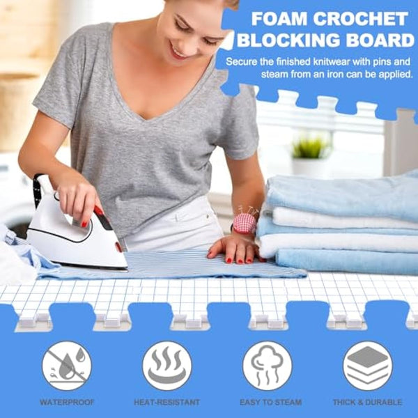 Aeelike Blocking Mats for Knitting, Crochet & Craft - 9 Pack Interlocking Foam Crochet Blocking Mats with Grid, 200 T-Pins, Pin Cushion & Storage Bag - Large Knitting Blocking Board and Pins Set