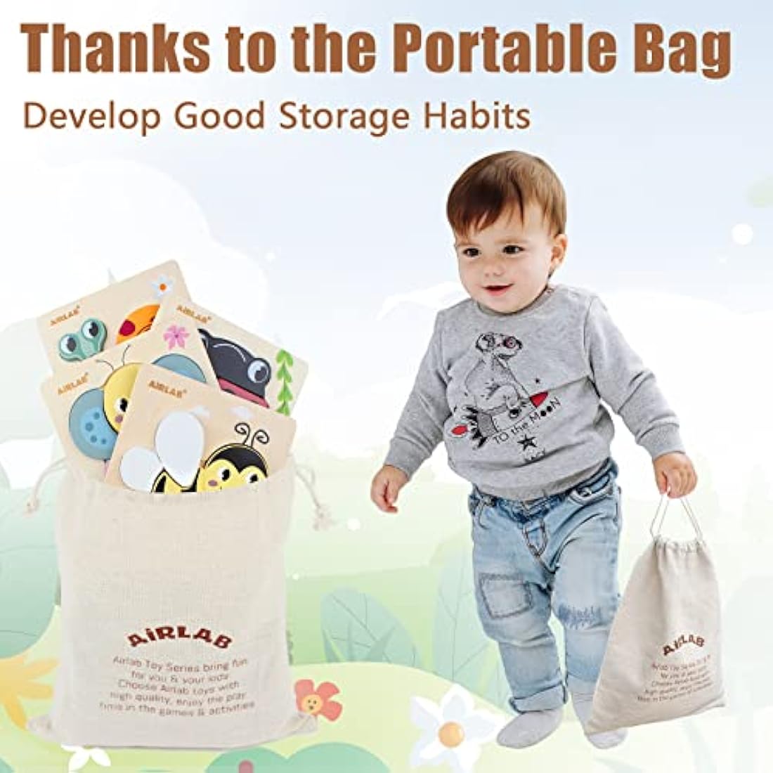 Airlab Wooden Jigsaw Puzzle for Kids, Garden Animals Chunky Shape Puzzles for Toddlers Over 1 2 3 Year Olds, Baby Montessori Preschool Educational Learning Toys for Girls Boys, Children Handmade Toys