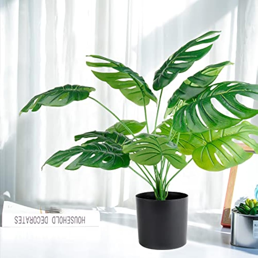 Hacaroa Large Artificial Plants Indoors Monstera Deliciosa Plant with 12 Leaves 23.5"/60cm Tall Faux Tropical Tree Leaves in Black Pot Artificial Plants Indoors in Pots for Home Office Decoration