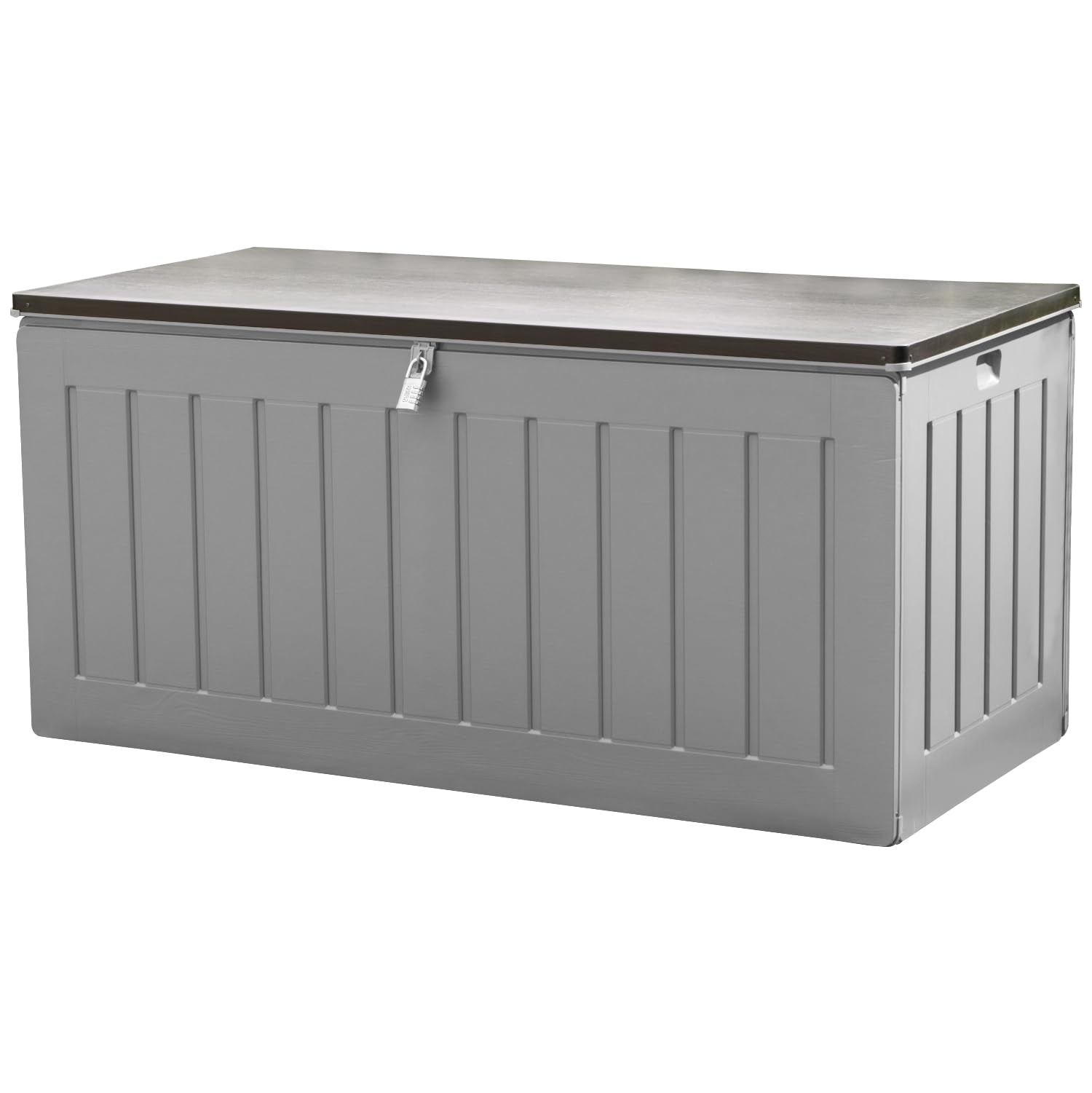 Olsen & Smith 680L Large Garden Storage Box - Weather Resistant Heavy Duty Garden Box with Padlock & Wood Effect - Huge Capacity Outdoor Storage Chest for Tools, Cushions, Toys & More (Anthracite)