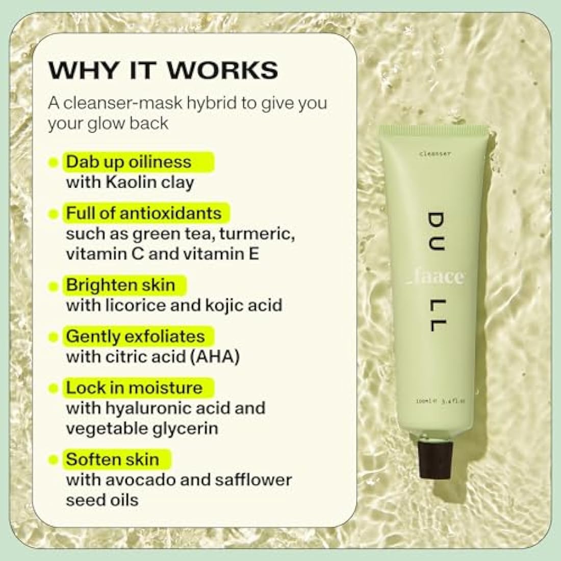 Faace Dull Daily Cleanser & Face Mask As Seen On Dragons Den - Brighter, Smoother, Radiant Skin - Kaolin Clay, Green Tea, Vitamins C & E - Made in UK - Vegan & Organic Skincare 100ml