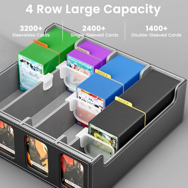 Hot Bee MTG Deck Box, Quartuple Trading Card Storage Box Holds 2400+ Cards for Yugioh, MTG, TCG, Magic the Gathering Commander Cards, Playing Card Case PU Leather Magnetic Closure, Grey