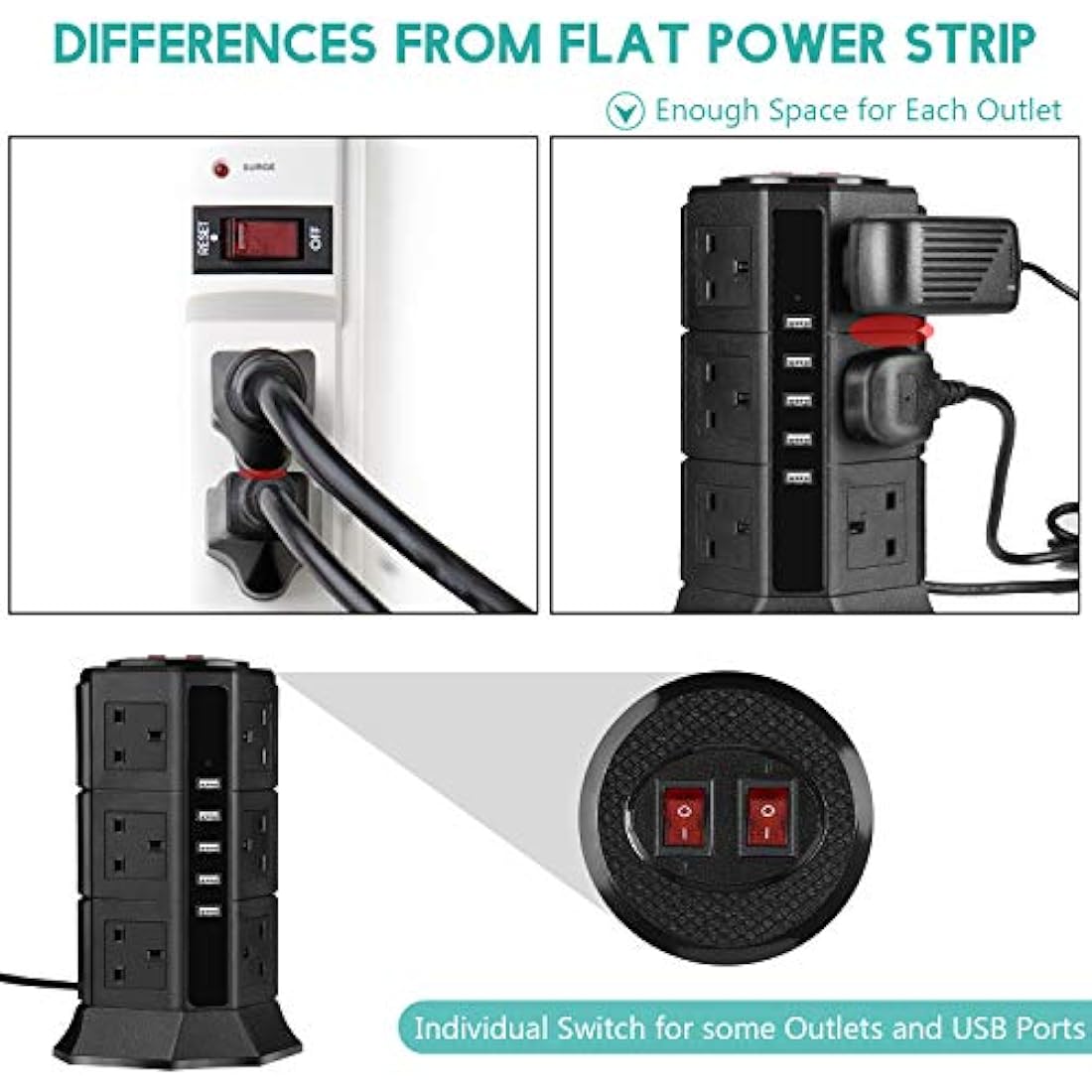 Extension Lead PRITEK 12 Way Outlets 1000J Surge Protector Vertical Power Strip with 5 USB Charging Ports 10A/2500W Overload Protection Extension Socket with 6.5ft Extension Cord (Black)