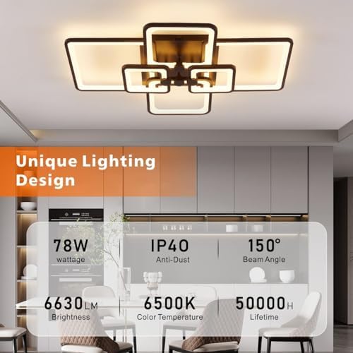 HIHIHOMY Ceiling Light Dimmable, Modern LED Black Living Room Lamp 78 W 6 Rectangle Geometric Living Room Ceiling Light Multifunctional Ceiling Lighting for Bedroom, Office, Balcony [Energy Class F]
