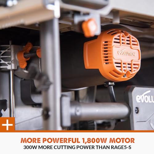 Evolution Power Tools R255TBLX+ Table Saw With Stand (Next Gen Rage 5-S) Multi-Material Cutting Blade Included Cuts Wood Metal Plastic, 45˚ Bevel, +/- 60˚ Mitre Angle, 85mm Cut Depth, 1800w Motor 240v
