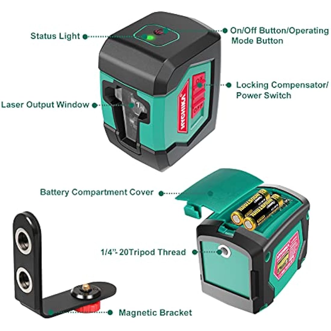 HYCHIKA Laser Level, Laser Levels Self Leveling with Double Laser Module, Laser Spirit Level with 2 Lines Horizontal/Vertical, Flexible Magnetic Base, 2 x AA Batteries Included
