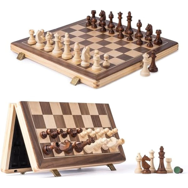 A&A 15" Magnetic Wooden Chess Set/Folding Board / 3" King Height German Knight Staunton Chess Pieces/Walnut & Maple Inlaid /2 Extra Queen