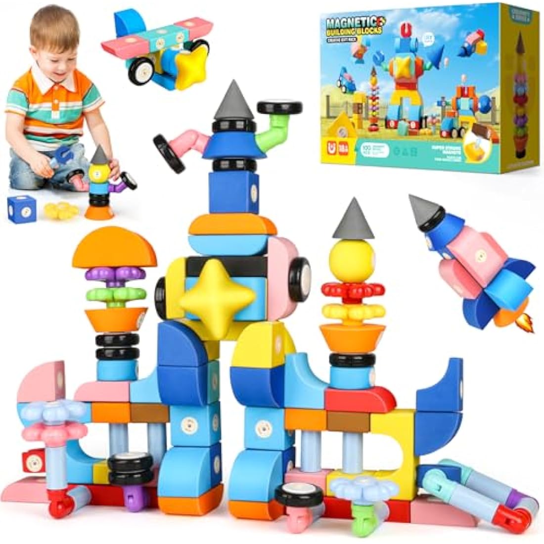 Jofuni Magnetic Foam Blocks for Kids 3-6 (100pcs), Castle Building Soft Blocks for Kids, STEM Sensory Toys 3 4 5 6 Years Old Boys Girls, Toddler Bath Toys, Birthday Gifts for 3-6 Girls Boys