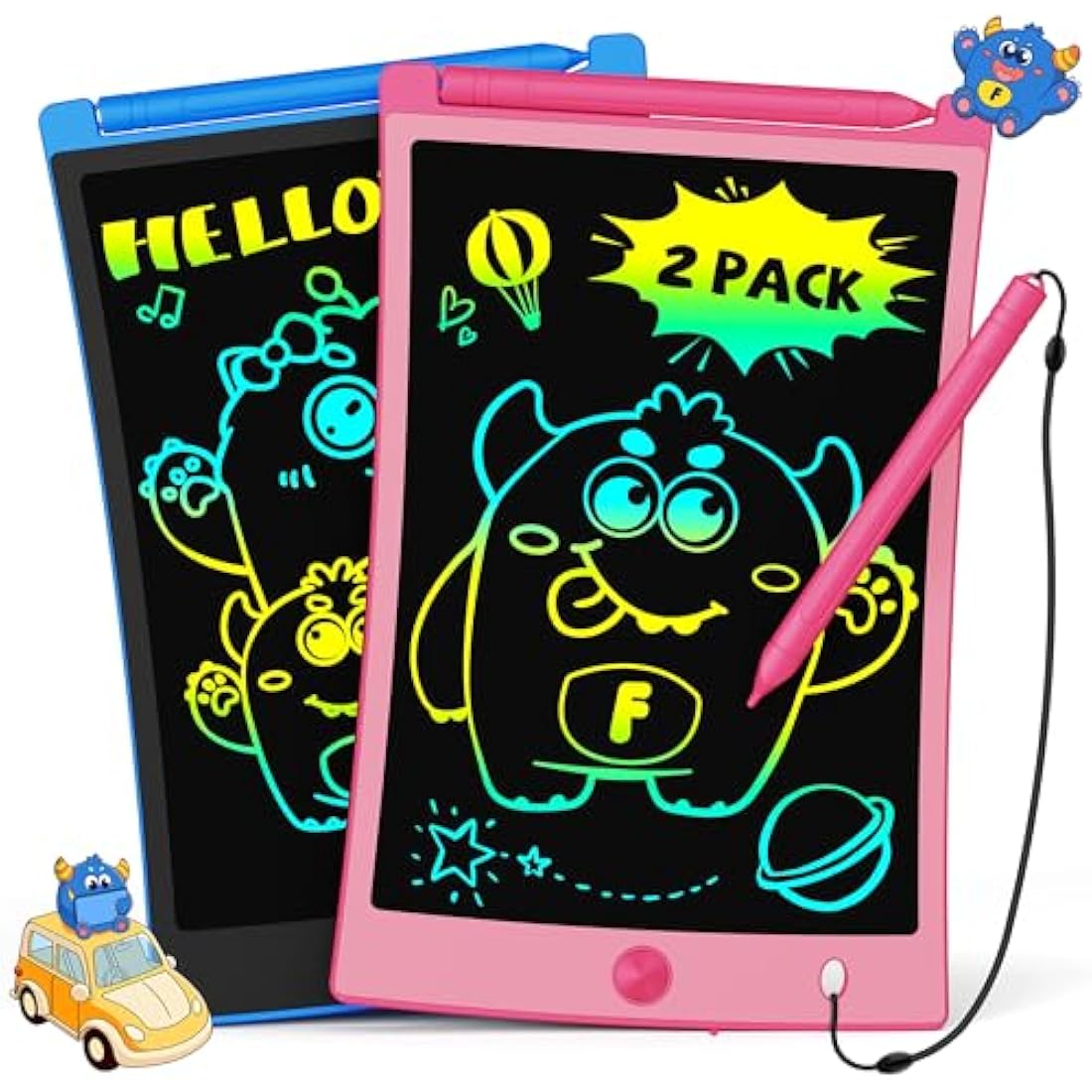 TEKFUN 2 Pack LCD Writing Tablet, 8.5inch Colorful Drawing Tablet for Kids, Erasable Writing Drawing Board with Lanyard, Learning Toys Gifts for 3 4 5 6 7 Years Old Boys Girls Toddlers (Blue+Pink)