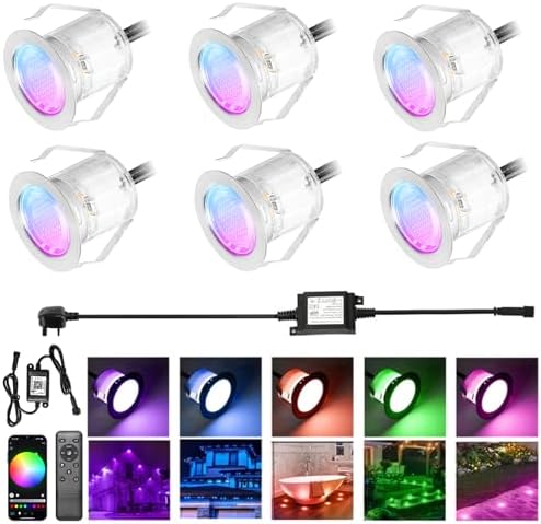 INDARUN RGB Led Decking Lights 0.5W Waterproof IP67 Ø30MM + WiFi Controller - Lighting for Terrace/Patio/Path/Wall/Garden/Decoration, 6 Packs