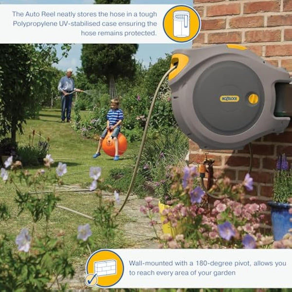 HOZELOCK - Auto Reel Wall-mounted 40m: Easy to Install, Child-lock, Auto-rewind, Ready-to-use with Nozzle, Fittings, Hozelock Hose and Accessories Included 5 Year Guarantee* [2595R8000]