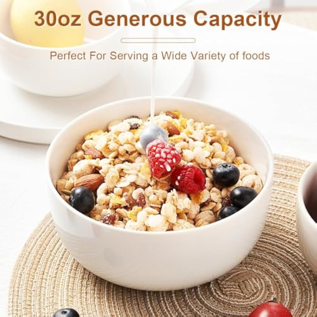 Jassceram Cereal Bowls Set of 6, 800ml Ceramic Large Bowls for Soup, Salad, Dessert and Oatmeal, Suitable for Kitchen or Dining - Dishwasher & Microwave Safe, 6 Inch, 28 Oz, White