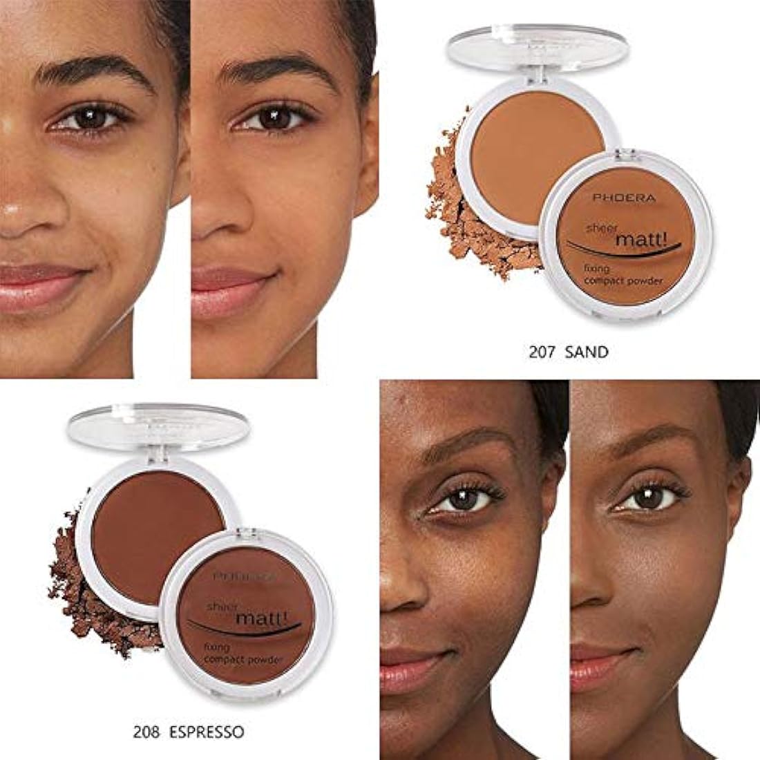 AQUAPURITY PHOERA Sheer Matte Compact Powder - Fixing Makeup Base Fixer Setting Powder Foundation Fix - Long Lasting Make Up Fixer - Skin Vitamin E Beauty Blender (206 TAN)