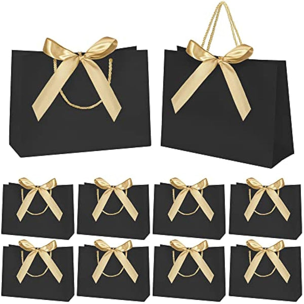 10pcs Gift Bag With Gold Ribbin Luxury Paper Party bag With Handles For Wedding Birthday Baby Shower Halloween Christams((32 * 25 * 10cm, Black)