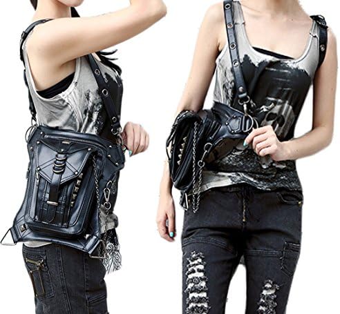 FiveloveTwo Men Women Leather Multi-Purpose Tactical Drop Leg Arm Bag Pack Hip Belt Waist Fanny Messenger Shoulder Bag Black