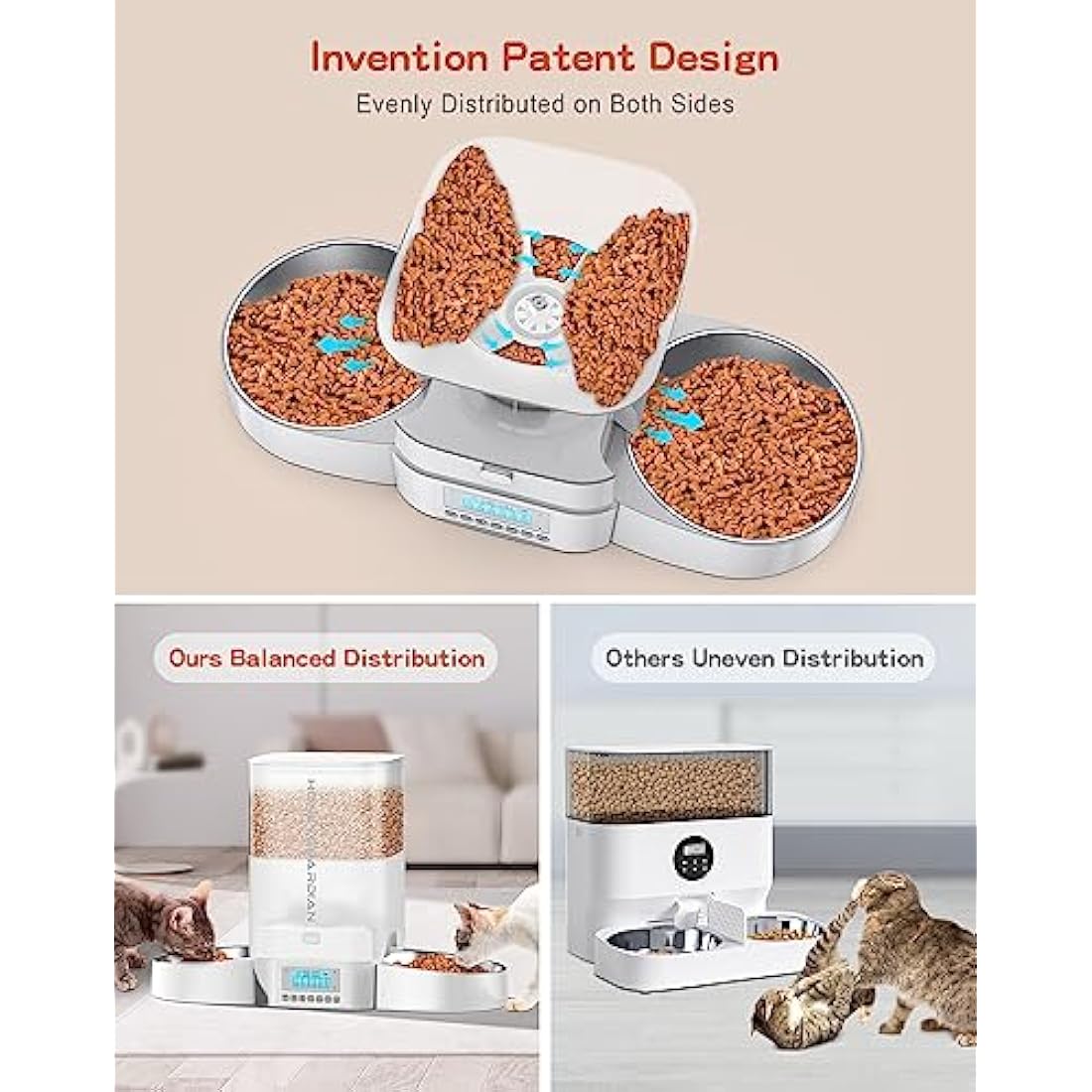 HoneyGuaridan Automatic Cat Feeder for 2 Cats, Equally Distributed Cat Feeder Timer Dispenser with 4-stage Seal Lock Fresh, 10s Voice Recording, Up to 6 Meals a Day - for Multi-Cats & Dogs (3.5L)