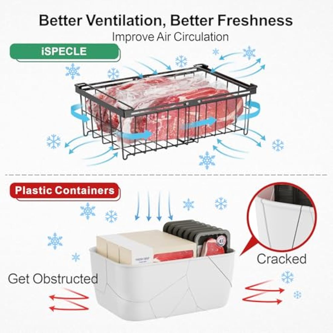 iSPECLE Chest Freezer Baskets - Expandable Fit 283 to 566L Deep Freezer, 4 Pack Large Stackable Wire Basket Add Space Easily Get Frozen Foods with Handles, Allow Air Circulation, Black