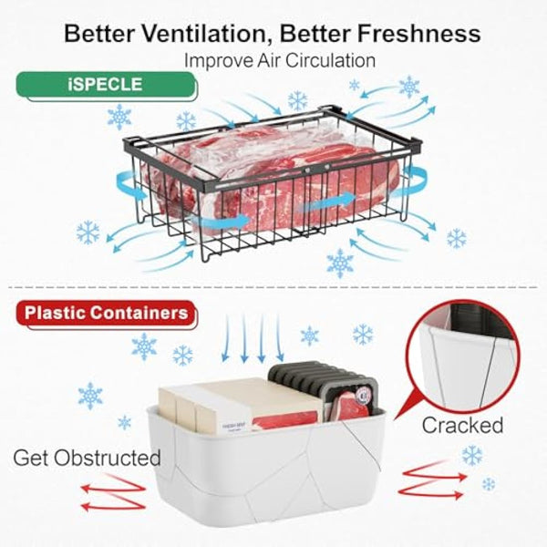 iSPECLE Chest Freezer Baskets - Expandable Fit 283 to 566L Deep Freezer, 4 Pack Large Stackable Wire Basket Add Space Easily Get Frozen Foods with Handles, Allow Air Circulation, Black