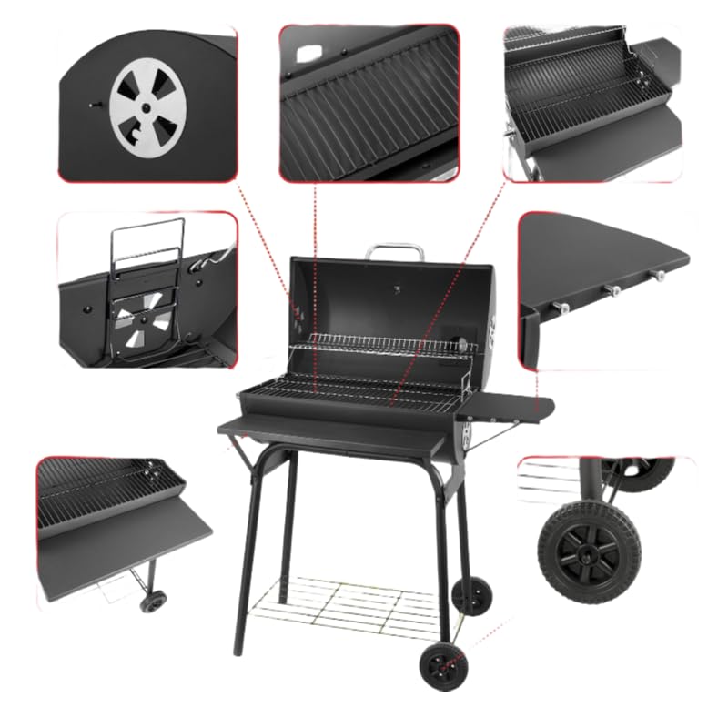 Charcoal BBQ Grill Smoker with Side Shelves, Portable Barrel Barbecue Grill Outdoor with Temperature Gauge, Warming Rack, Stainless Steel Racks, and Air Vents for Camping and Garden