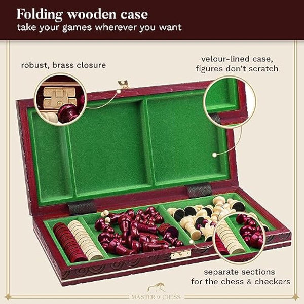 GREAT KINGDOM Chess and Checkers Set | Master of Chess Red Chess Set | Chess Board 35cm Chess Set for Adults and For Kids - Handmade Portable Chess and Drafts/Draughts Set