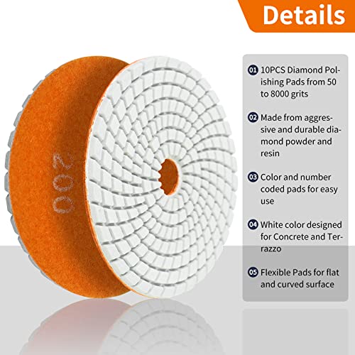 14PACK Diamond Polishing Pads with M14 Backer Pad, 100mm Wet Dry Stone Granite Tile Polish Pad Kit for Drill, Grinder, Polisher, 50-8000 Grit Sanding Pads for Concrete Marble Countertop Quartz