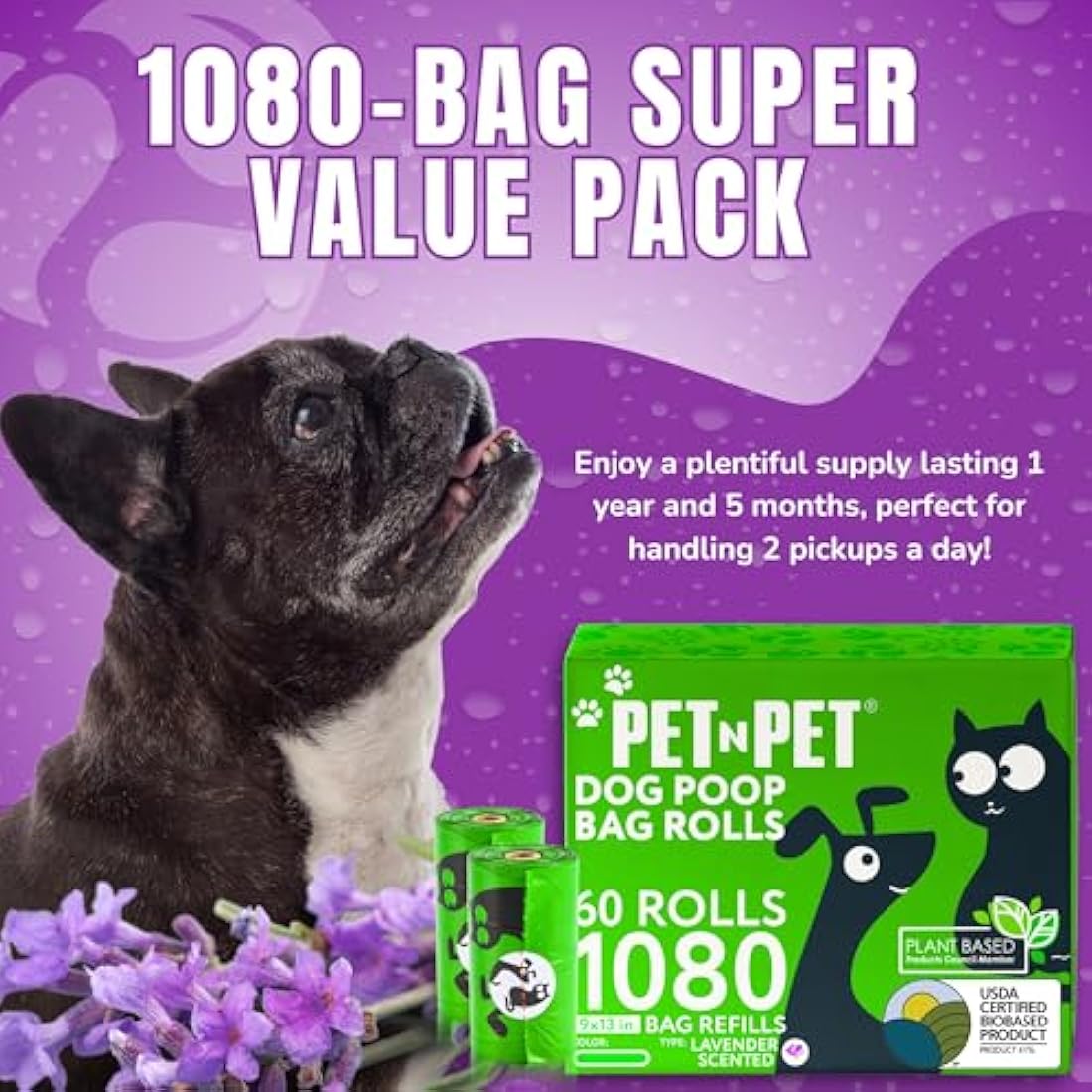 PET N PET 1080 Count Poo Bags Dogs USDA 41% Biobased 72 Thick Dog Poop Bags Rolls 9x13 Leak-Proof Lavender Scented