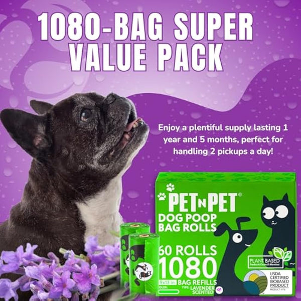 PET N PET 1080 Count Poo Bags Dogs USDA 41% Biobased 72 Thick Dog Poop Bags Rolls 9x13 Leak-Proof Lavender Scented