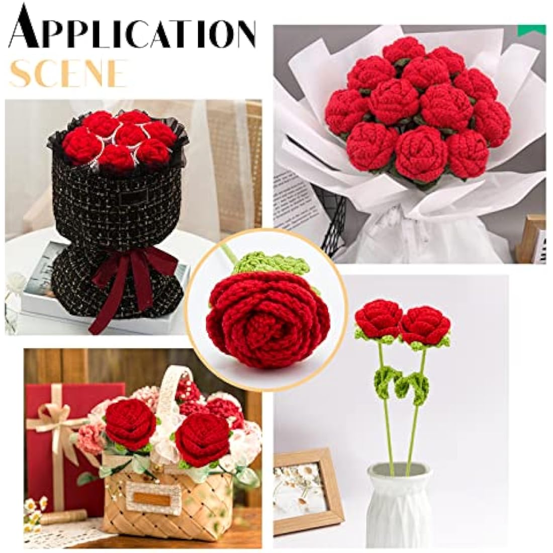 FINGERINSPIRE 2pcs Handmade Knitted Rose Flower with Package Bag Artificial Knitted Flowers Crochet Rose Handmade Single Red Roses for Wife/Girlfriend/Lovers, Birthday, Anniversary, Festival Gift