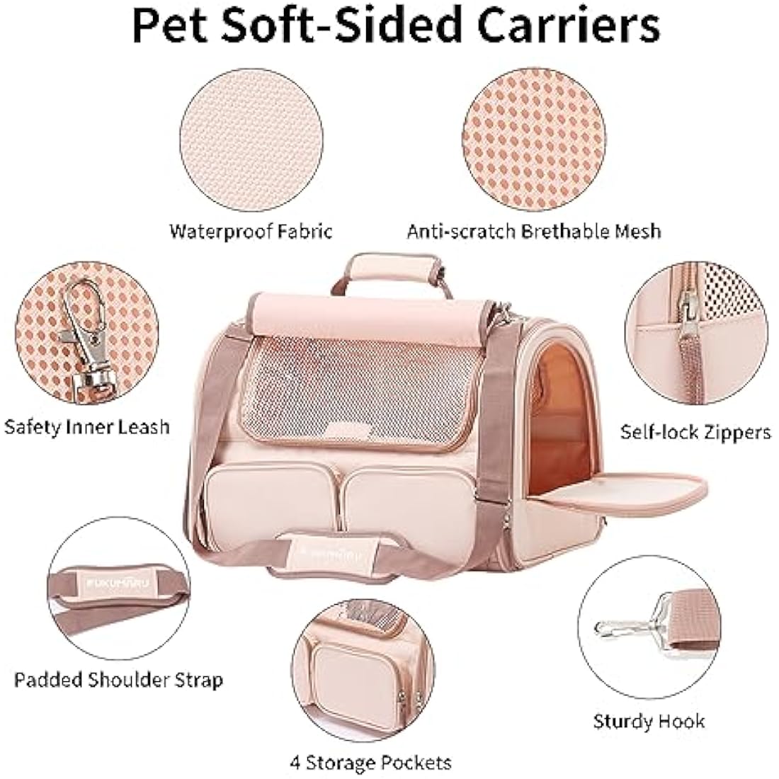 FUKUMARU Cat Carrier, 4 Mesh Windows Small Dog Carrier, 4 Storage Pockets Cat Travel Bag, Under 6.8 Kg Airline Approved Pet Carrier, Rollable Cover for Nervous Cats, Pink