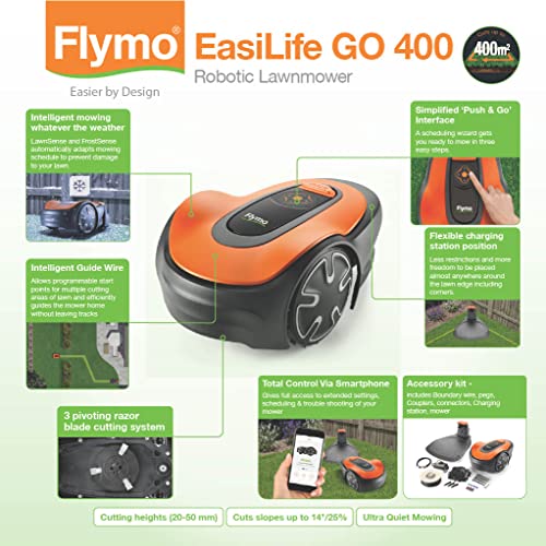 Flymo EasiLife 250 GO Robotic Lawn Mower - Cuts Up to 250 sq m, Ultra Quiet Mowing, Manicured Lawn, Bluetooth Application Control, Safety Sensors, Hose Washable, Lifestyle Functions, Orange and Grey