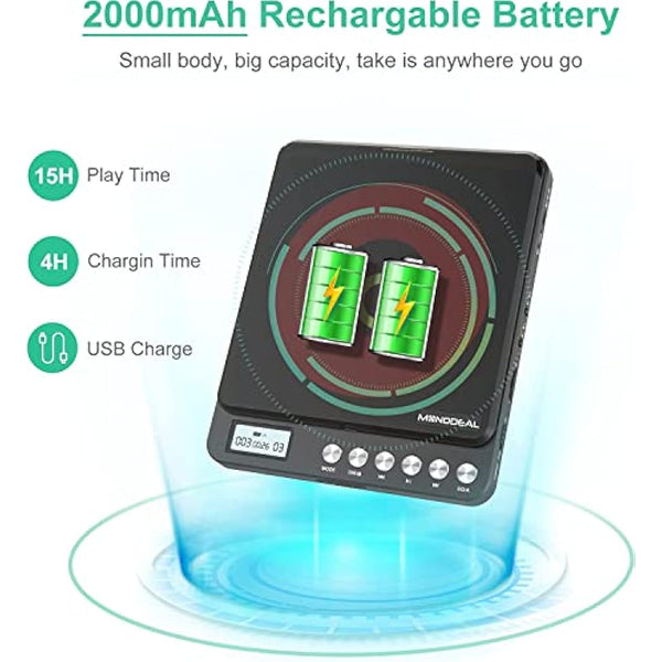 MONODEAL CD Player Portable with Built-in Speakers, Personal Rechargeable CD Player with Double 3.5mm Headphone Jack,Anti-Skip/Shockproof Function with LCD Display for Home, Car and Travel