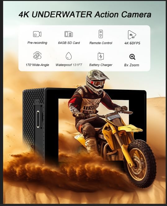 Yolansin 4K 60FPS Waterproof Action Camera: 64G SD Card 131ft Underwater Camera,HD 48MP Waterproof Camera,WiFi Sports Cameras with 2 Batteries Helmet Mount Accessories Kits