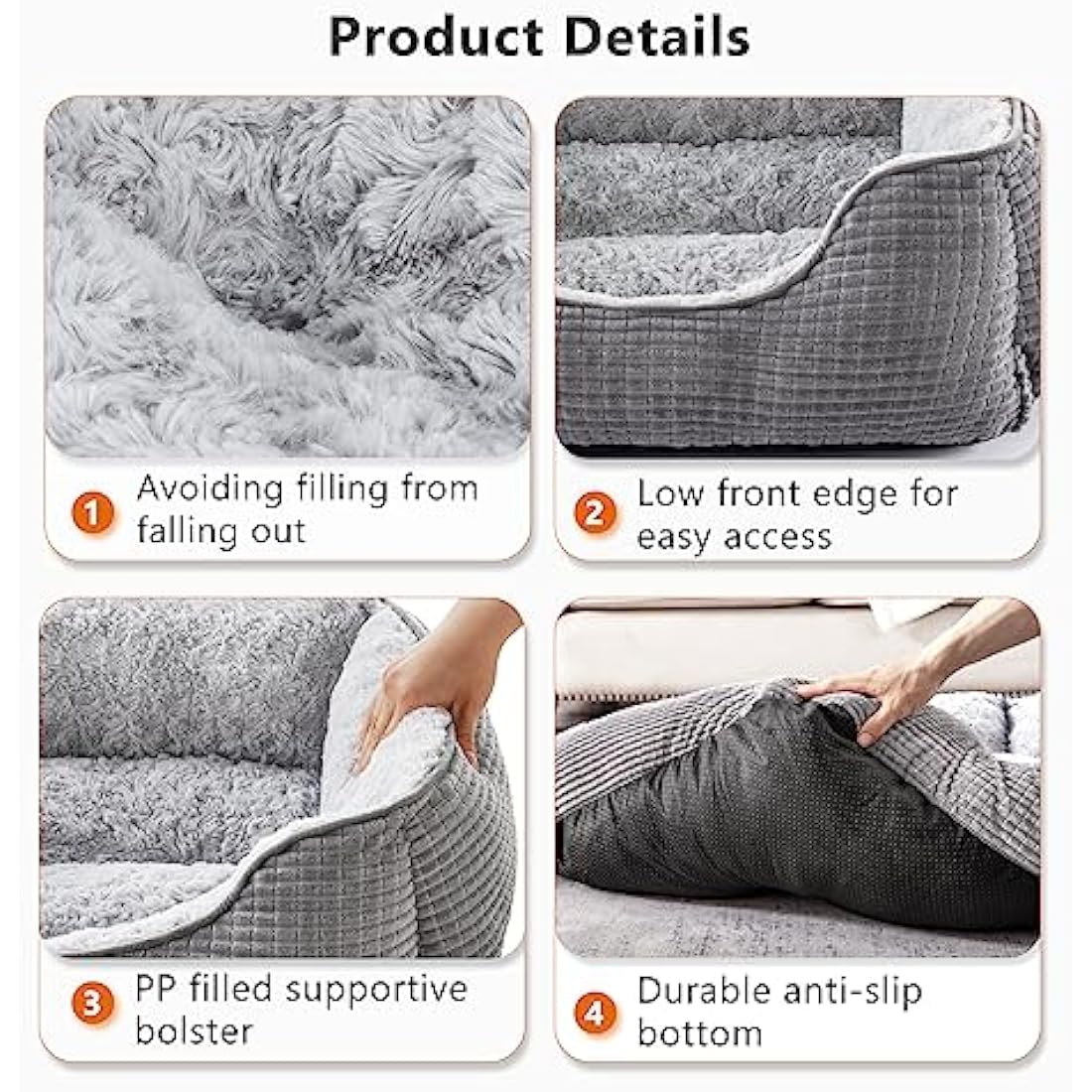 JOEJOY Extra Extra Large Dog Bed Washable Pet Bed, Rose Velvet Dog Bed Low Front Edge Cat Bed Non-Slip Bottom Puppy Bed, Orthopedic Calming Pet Bed For Labrador, Golden Retriever, Grey, 107x76x25 cm