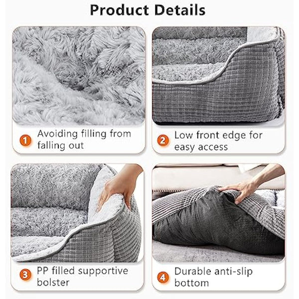 JOEJOY Extra Extra Large Dog Bed Washable Pet Bed, Rose Velvet Dog Bed Low Front Edge Cat Bed Non-Slip Bottom Puppy Bed, Orthopedic Calming Pet Bed For Labrador, Golden Retriever, Grey, 107x76x25 cm