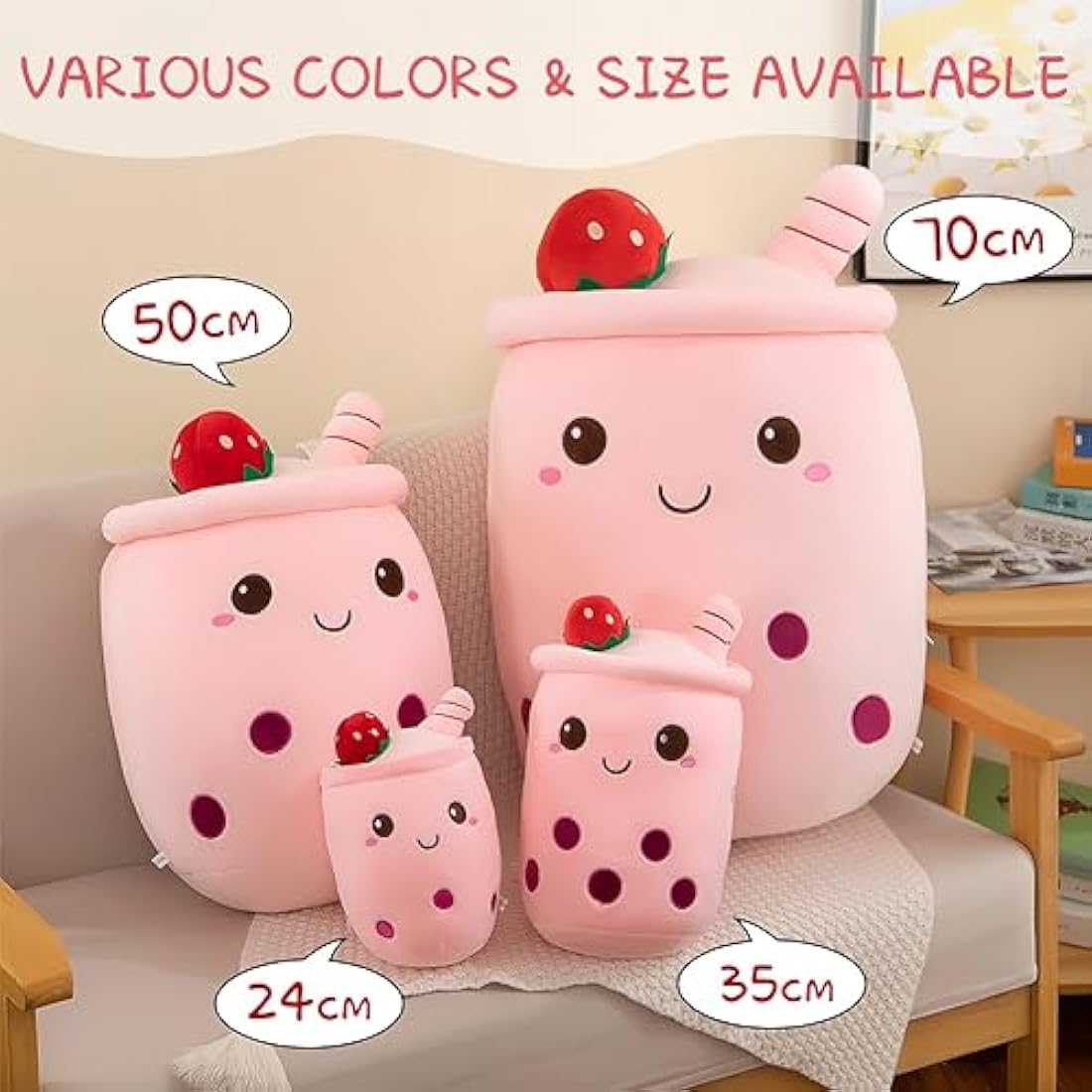 AMOZO Bubble Tea Plush Pillows, Cute Boba Plushies Soft Toys Giant Boba Stuffed Animal pillow for Boba Lovers (Pink, 35cm)