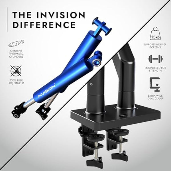 Invision Dual PC Monitor Arm Bracket Ergonomic Height Adjustable (Gas Assisted) Full Motion Long Arm Desktop Clamp Mount for 24”-35” Screens Tilt & Swivel VESA 75mm & 100mm Weight 2kg to 15kg (MX900)