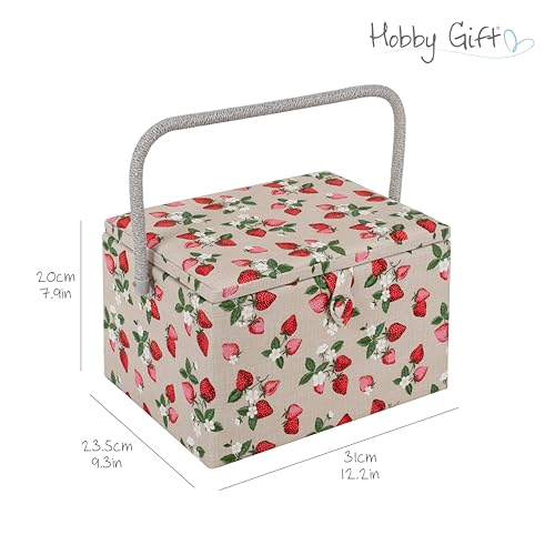 Hobby Gift Exclusive Large Sewing Craft Hobby Storage Box, Accessories Tray Pin Cushion Pocket PVC Handle 23.5 x 31 x 20cm, Strawberries