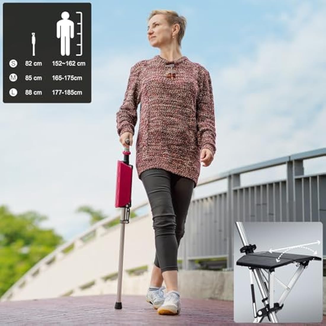 Ta-Da Chair - Walking Stick with Seat, Ultra-Light Aluminium Frame & Sturdy Foldable Stool (up to 110kg), Collapsable Folding Design, Ideal for Travel & Sightseeing
