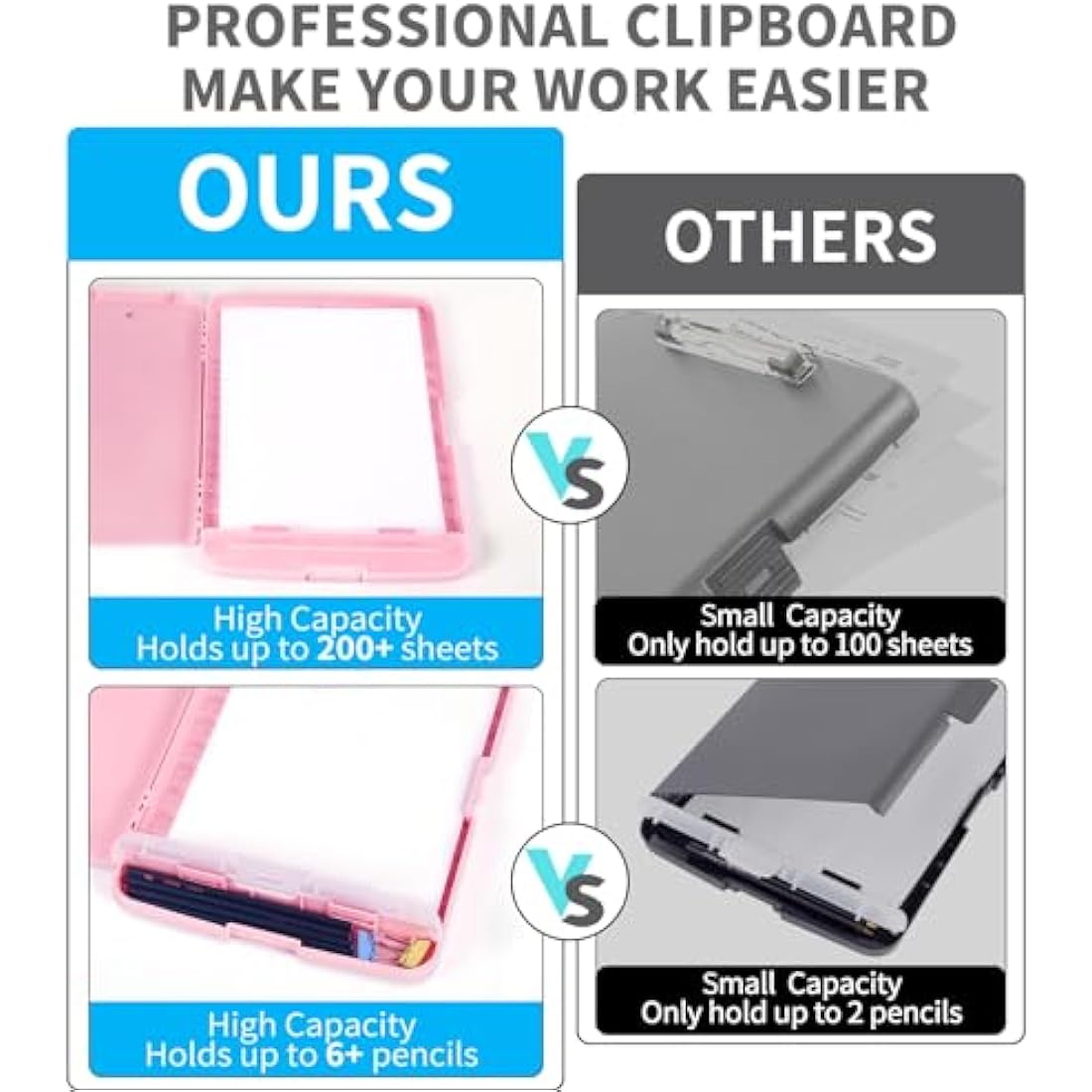 DMFLY Clipboard with Storage, Heavy Duty Clip Boards with Pen Holder, A4 Plastic Clipboards with Compartment, Holds 6+ Pencils and 200+ Sheets, Strong Clipboards with Low Profile Clip, Great for Work